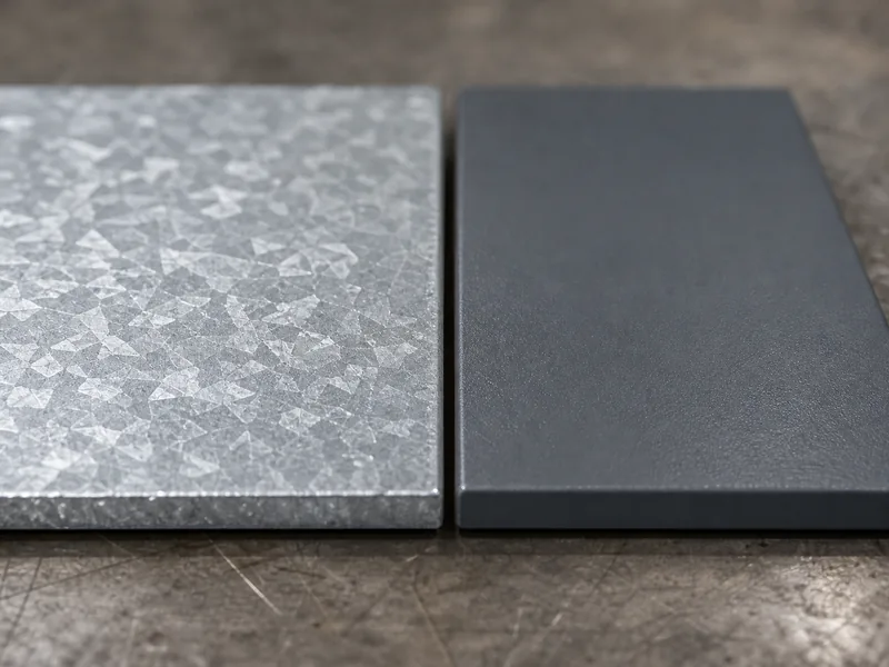 Close-up comparing a galvanized spangle finish and a painted steel surface for coating selection