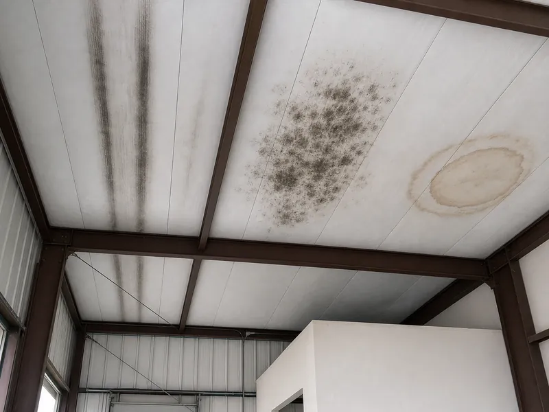 Três manchas no teto comparadas: linhas retas de fuligem, manchas irregulares de mofo e um anel de água