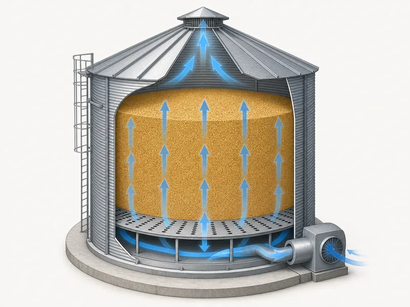 Aeration fan pushing airflow up through grain inside a steel silo