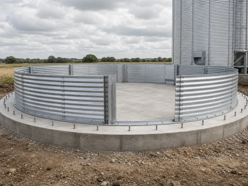 Reinforced concrete slab foundation under a steel grain silo during erection