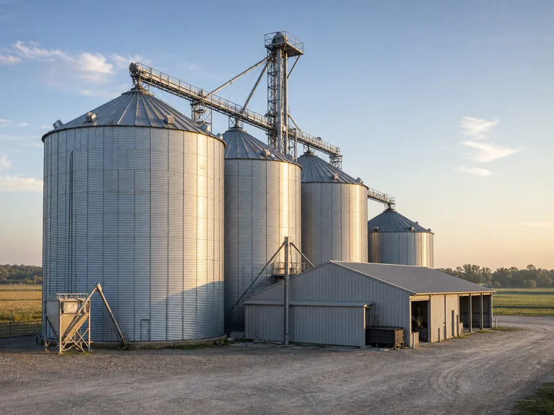 Galvanized grain steel silos beside a farm grain-handling shed under a clear sky