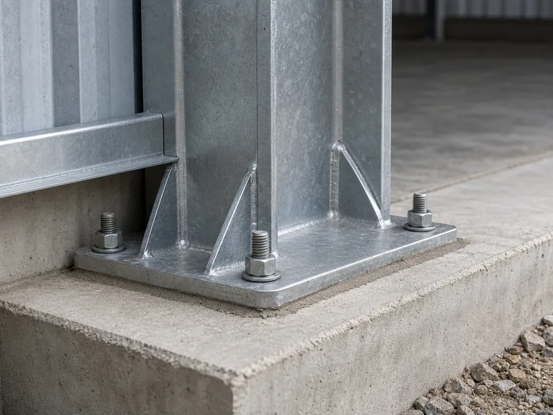  Close-up of a steel column base plate anchored to a reinforced concrete foundation for a grain storage building