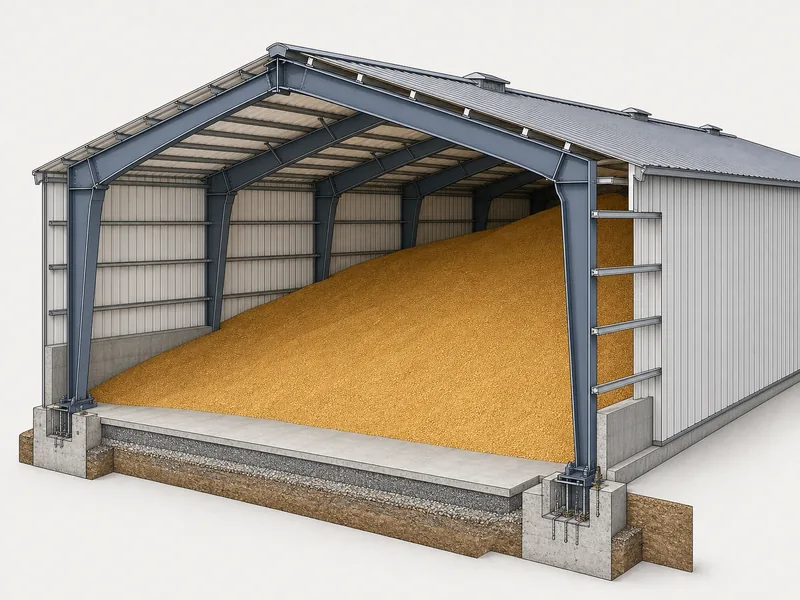 Cutaway of a clear-span steel frame grain storage building showing the column-free interior and rigid frames over a grain pile