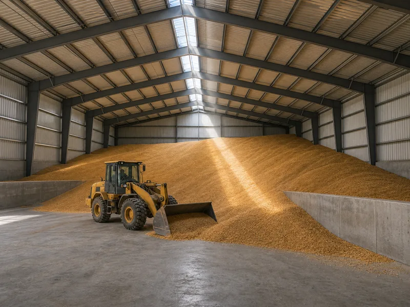 Interior of a flat grain storage building with grain piled against the sidewalls and a front-end loader on the floor
