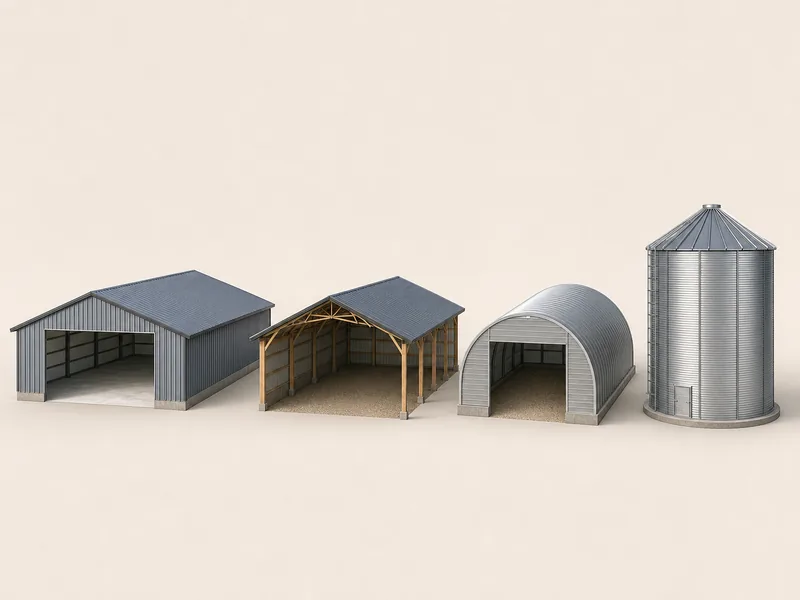 Four grain storage building types side by side — clear-span steel, post-frame, arch Quonset, and a vertical bin