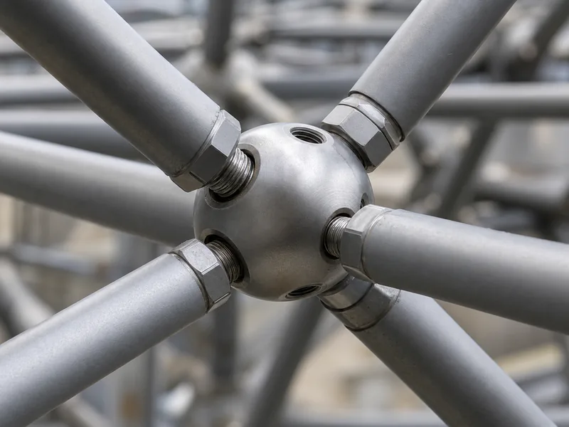 Bolt-ball joint linking tubular members in a steel grid structure