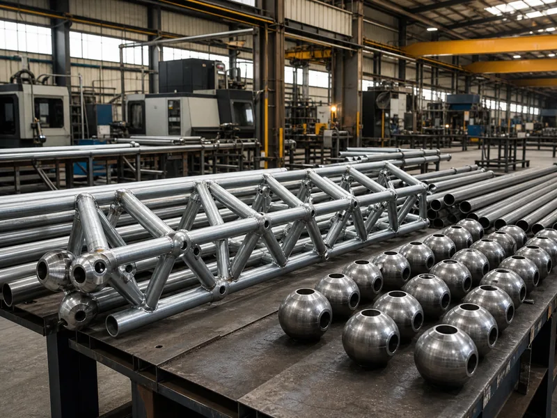 Steel grid chords and ball nodes machined on a fabrication line