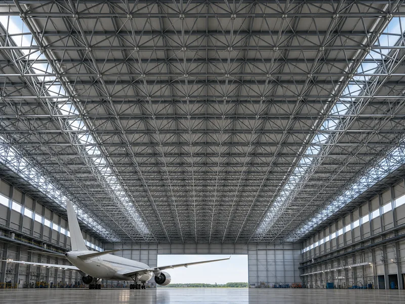 Space grid roof spanning an aircraft hangar with no internal columns