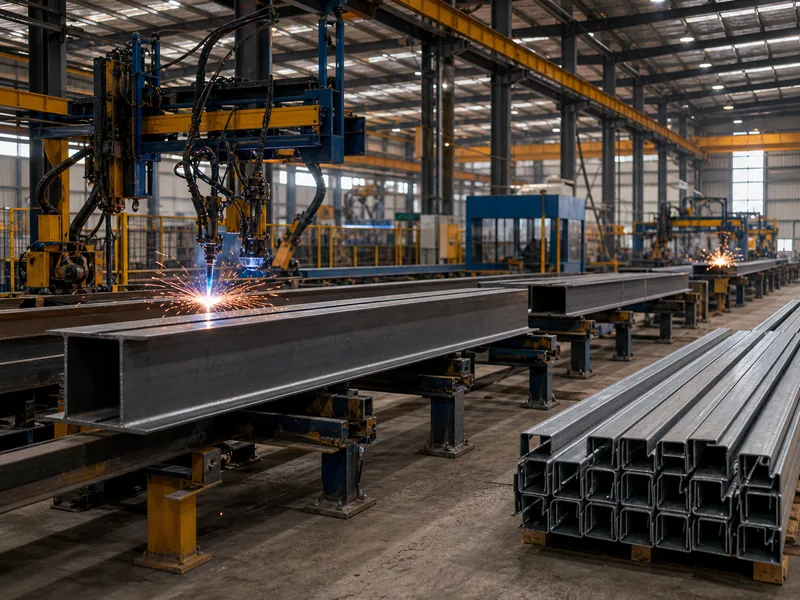 H-beam steel sections moving along a fabrication line