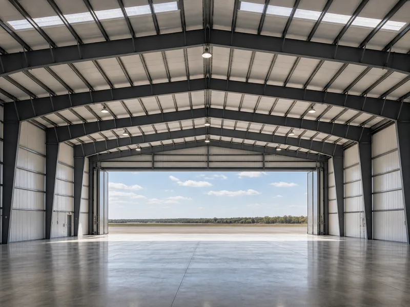 Cadre métallique sans colonnes, portée libre et grande ouverture de porte à l’intérieur d’un hangar d’avion