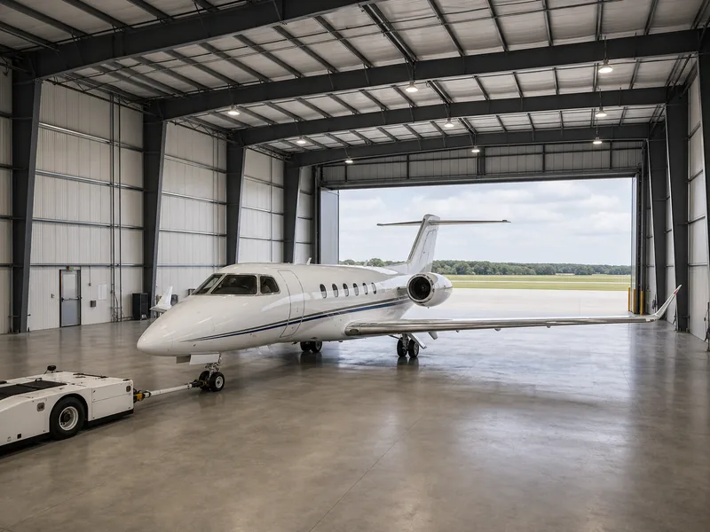 Un jet d’affaires positionné avec un dégagement suffisant entre l’extrémité de l’aile et la queue à l’intérieur d’un hangar d’entreprise