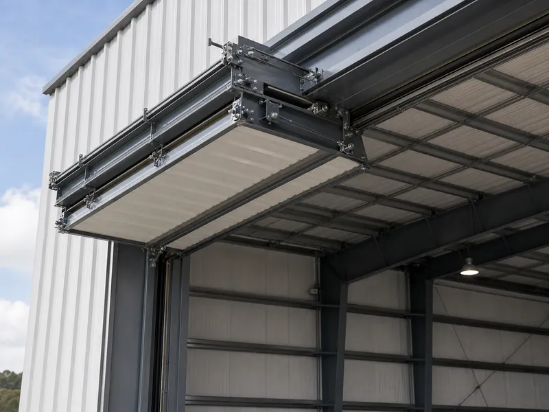 Puerta de hangar abatible abierta que se levanta dejando libre la cola de una aeronave