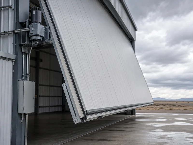 Insulated hangar door with electric operator rated for high wind load