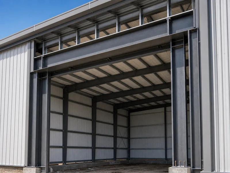 Steel header and jamb columns framing a wide hangar door opening