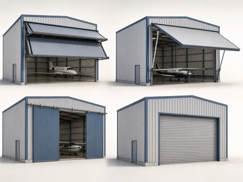 Bifold, hydraulic, sliding, and roll-up hangar doors side by side