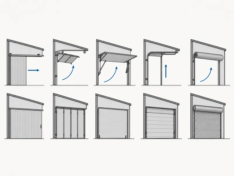 Side-view diagram comparing how five hangar door types open