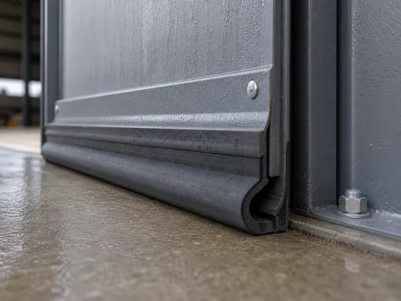 Hangar door edge weatherseal closing against the frame to limit air leakage