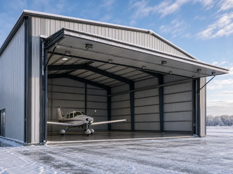 Hangar with a raised door at a snowy airfield in winter