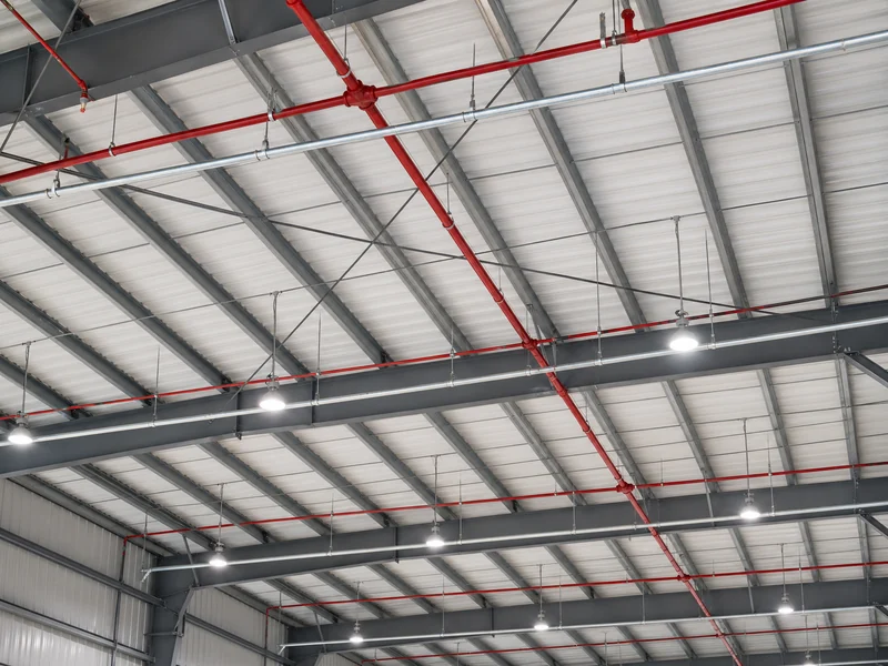 Overhead fire-suppression sprinkler piping along a steel hangar roof structure
