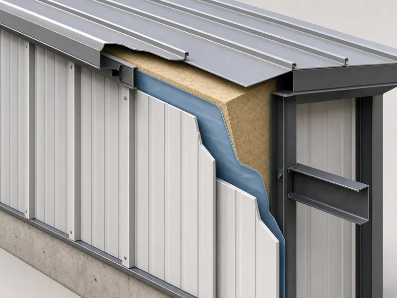 Cutaway of a hangar wall and roof showing insulation and vapor retarder layers