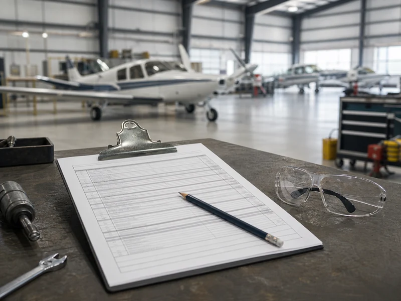 Clipboard and inspection notes resting on a workbench in an aircraft hangar