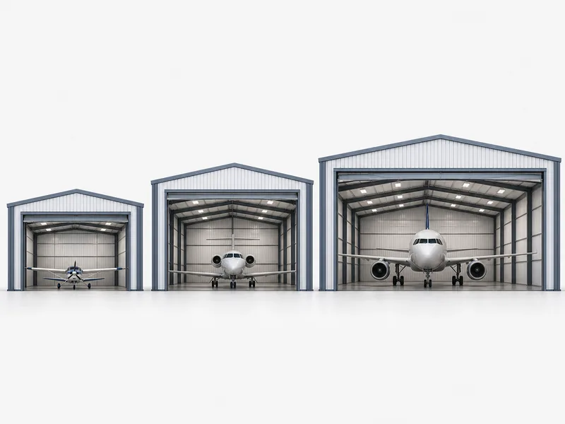 Avion monomoteur, jet léger et avion de ligne dans des hangars d’avions de plus en plus grands