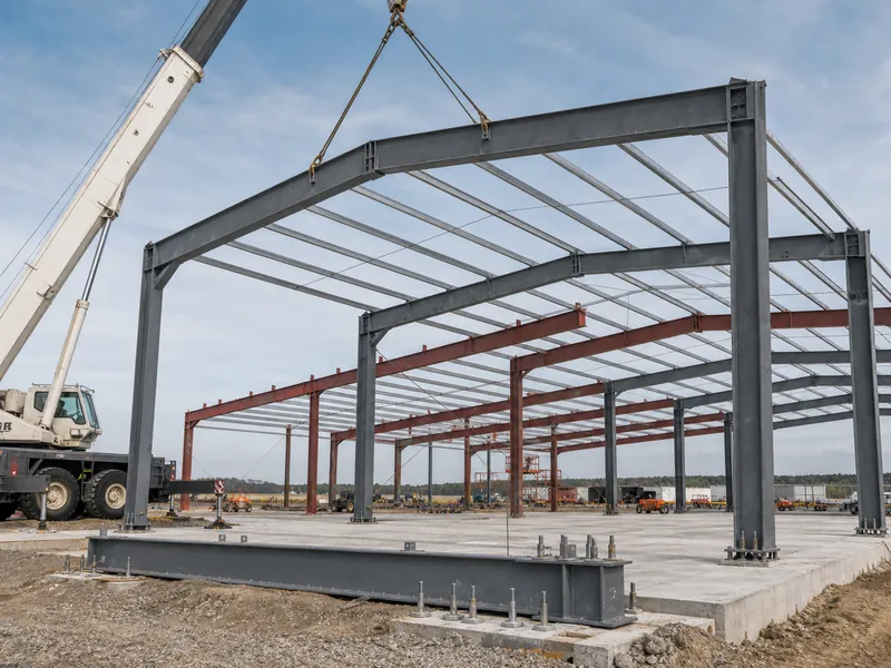 Grúa levantando una estructura rígida de acero durante la erección del hangar para aviones
