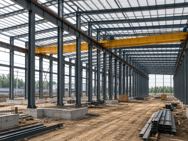 Estructura de acero de una planta de fabricación pesada con viga de grúa y amplias luces entre travesaños