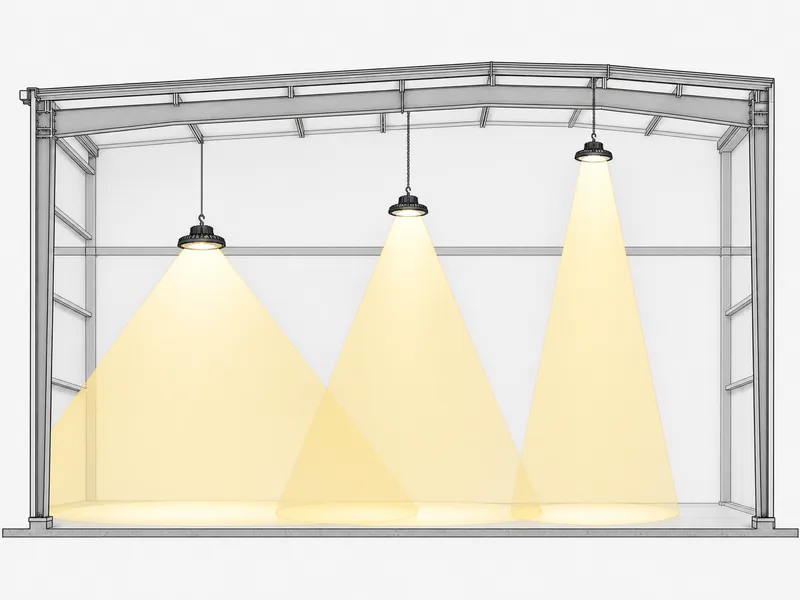 Beam angle narrowing as warehouse ceiling height rises to light the floor