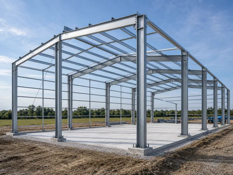 Home 59 Erected steel building frame on a concrete slab during the construction sequence