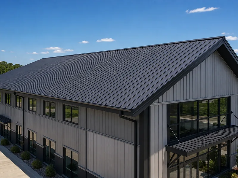 Home 57 Charcoal standing seam steel building roof with coordinated wall panels in daylight