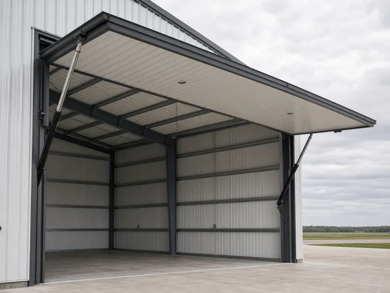 Single-panel hydraulic hangar door raised into a canopy over the apron