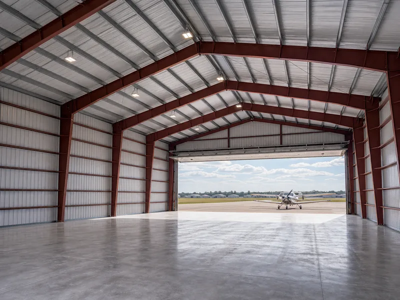 Interior de edifício com viga I de vão livre utilizado como oficina de hangar para aeronaves