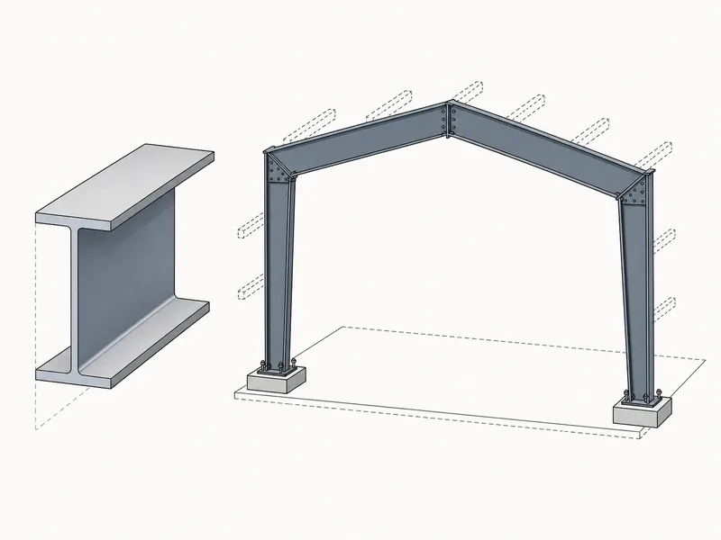Perfil de aço em seção I com flanges e alma em uma estrutura de edifício com viga I