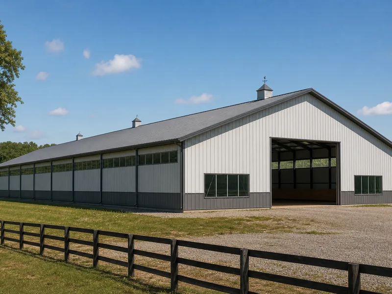 Exterior of a large steel clear-span riding arena in a rural