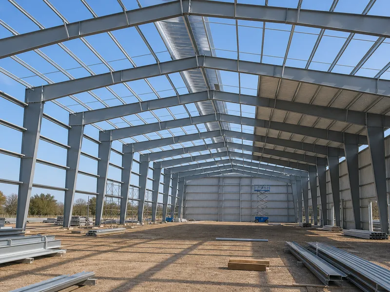 Erected steel rigid frames and purlins forming a clear-span arena shell