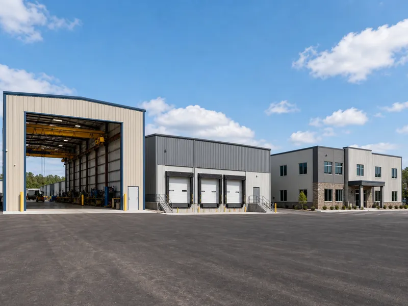 Tipos de edificios industriales de fabricación, almacén y flexibles uno al lado del otro