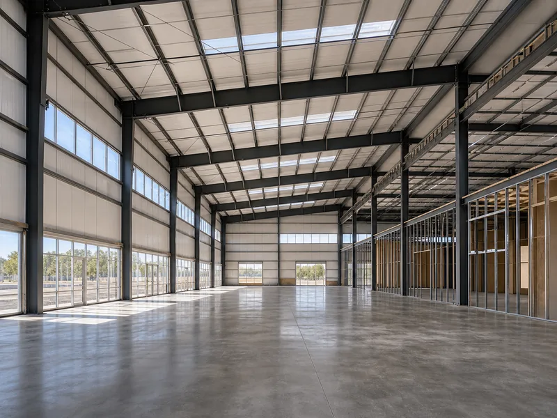 Column-free interior of a steel warehouse during conversion, lit by large clerestory windows