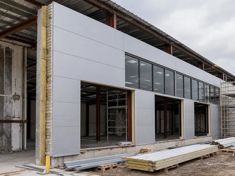 Insulated metal roof and wall panels being fitted to a warehouse during an envelope upgrade