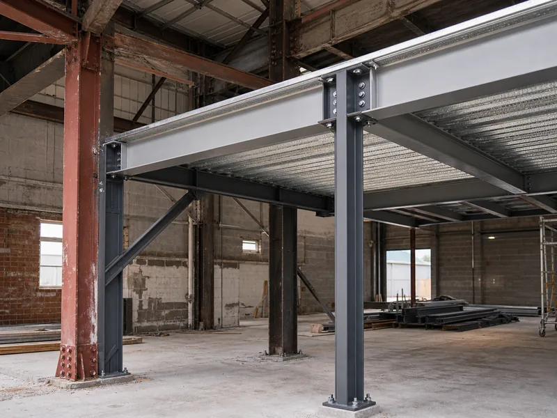 New steel mezzanine framing tied into existing warehouse columns during a conversion