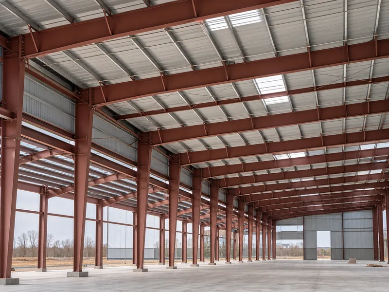 Exposed steel portal frame and rafters forming the clear-span shell of an industrial warehouse