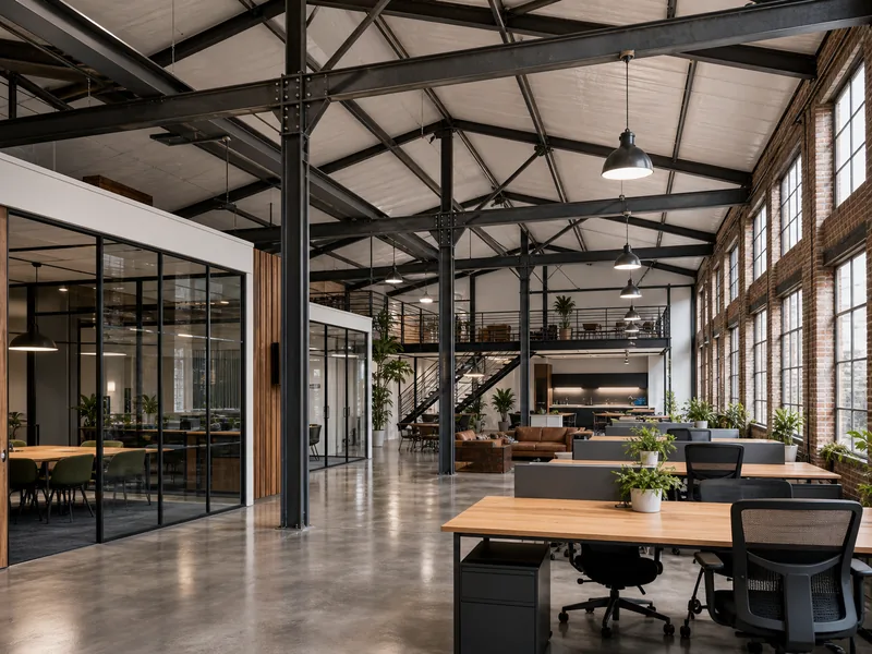 Converted warehouse interior reused as open-plan offices with exposed steel beams overhead
