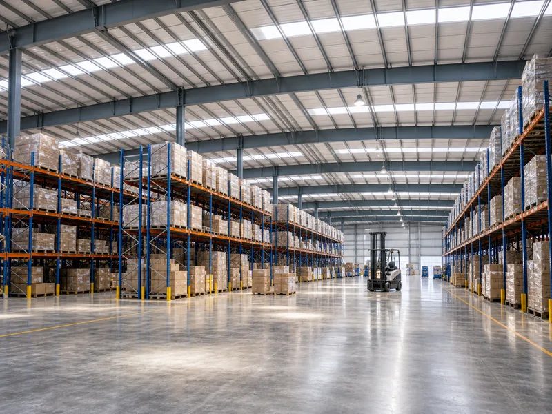 Home 57 Column-free steel warehouse interior with tall clear-span framing and pallet racking