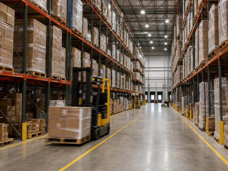 Distribution center interior with pallet racking and dock doors for fast throughput