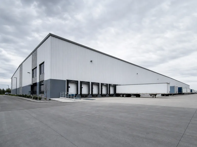 Home 57 Large steel industrial warehouse exterior with truck loading docks