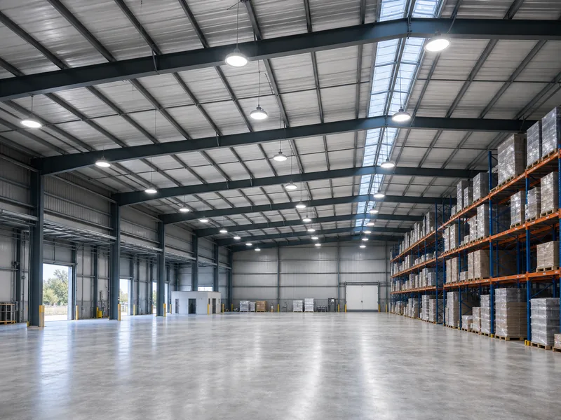 Home 57 Industrial warehouse LED lighting on high bay fixtures over a column-free floor