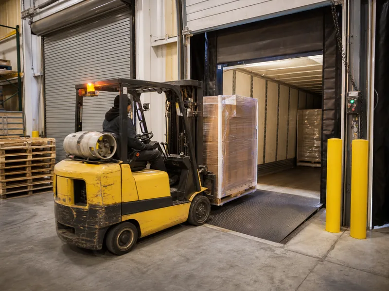 Forklift moving a pallet at a dock-high warehouse loading bay