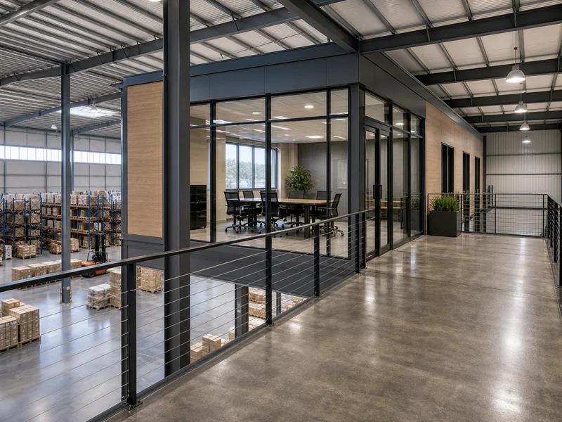 Mezzanine office overlooking the floor of a steel warehouse