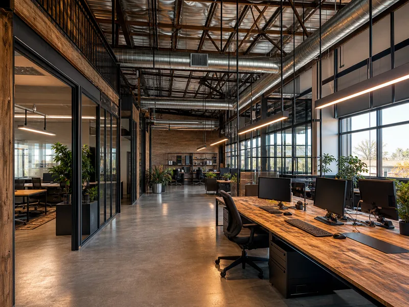 Open-plan warehouse office with exposed steel, glass partitions, and polished concrete