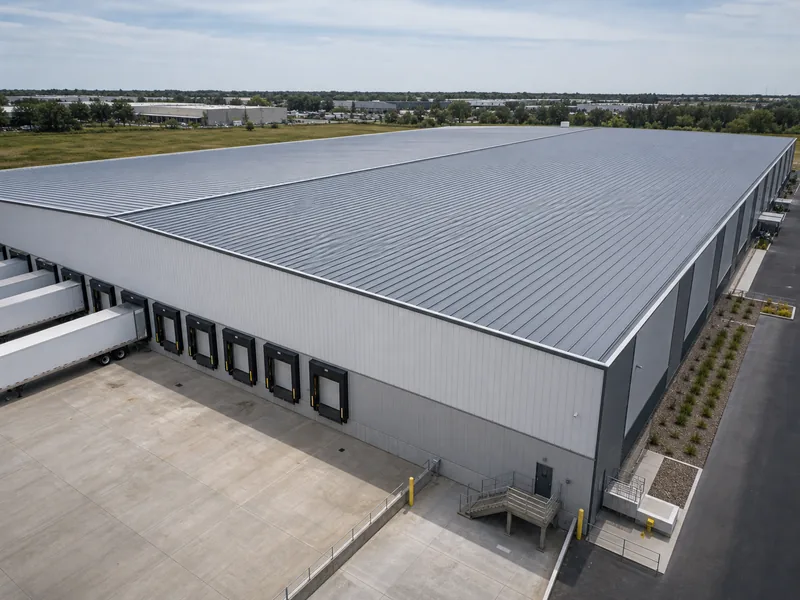 Home 57 Steel warehouse with a low-slope standing seam metal roof under clear sky